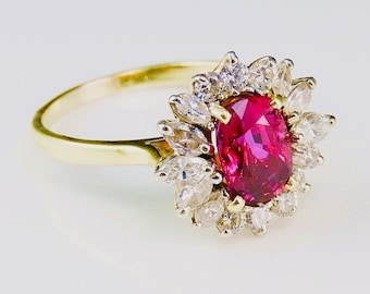 Large BURMESE Unheated Ruby Diamond Engagement Ring Oval Cut Ruby Ring No Heat Ruby Ring Ruby Wedding Ring 18K Yellow Gold Vintage Ruby Ring