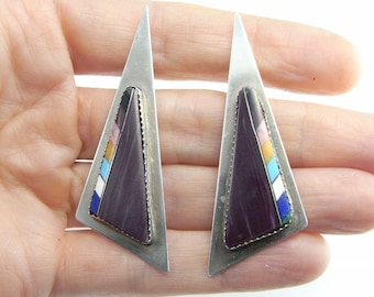 Multi-Gemstone Inlay Earrings Triangle Earrings Southwestern Earrings Geometric Earrings Artisan Earrings Sterling Silver Vintage Earrings