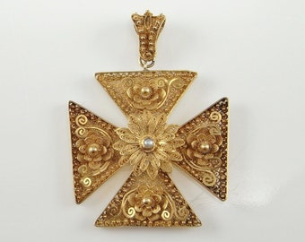 Georgian Gold Pendant Cross Jewelry Antique Filigree 18th Century Jewelry Cannetille Jewelry Maltese Cross Pendant Yellow Gold Antique Cross