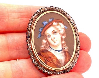 Georgian Miniature Portrait Brooch Pin Rose Cut Diamond Cameo Brooch Antique Miniature Portrait Gold Brooch