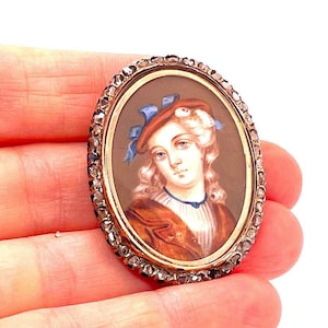 Broche con retrato en miniatura de estilo georgiano Broche con camafeo de diamantes de talla rosa Broche antiguo con retrato en miniatura de oro