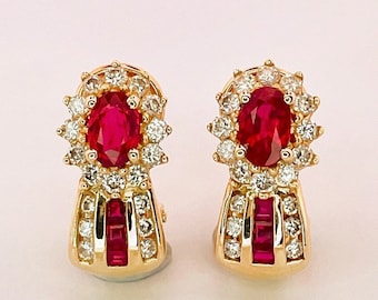Unheated Ruby Earrings No Heat Ruby Diamond Earrings 14K Ruby Diamond Huggie Earrings Estate Ruby Earrings Natural Ruby Anniversary