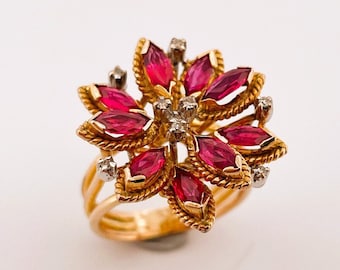 Natural Ruby Flower Ring Daisy Ring 10K Yellow Gold Marquise Cut Ruby Ring Ruby Anniversary Ring Ruby Cocktail Ring One of a Kind Ruby Ring