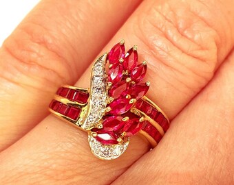 Unheated Ruby Engagement Ring Unique Ruby Diamond Cluster Ring No Heat Ruby Anniversary Birthstone Ring Angel Wing Ring 18K Gold