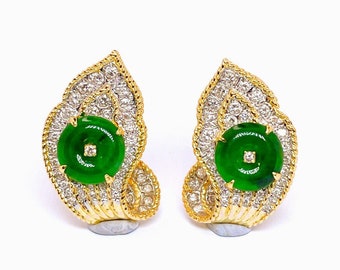 Untreated Imperial Jadeite Jade Earrings Jade Diamond Earrings Imperial Jade Earrings Imperial Jade Diamond Jewelry Earrings 18K Gold