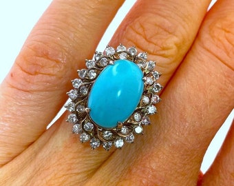 Art Deco Turquoise Ring Turquoise Diamond Ring Antique Turquoise Ring 1920s Turquoise Ring Bombe Dome Diamond Ring Diamond Cocktail Ring 18K