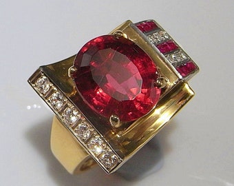 Art Deco Gold Ring Rubellite Diamond Ring Red Tourmaline Diamond Ring Ruby Diamond Ring 14K Gold Tank Ring Art Deco Engagement Color Tank