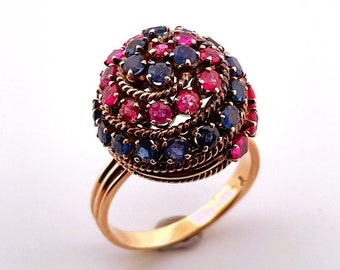 1950s Ruby Sapphire Dome Bombe Ring Gold Sphere Ring 14K Gold Cocktail Ring No Heat Unheated Rubies Sapphires Vintage Ring Gold Ball Ring