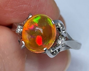 Precious Crystal Fire Opal Diamond Platinum Ring Crystal Opal Engagement Ring 1950s Ring Fiery Opal Engagement Ring Fire Opal Ring Cabochon