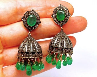 Emerald Rose Cut Diamond Chandelier Earrings 18K Gold Silver Bell Drop Dangle Fringe Tassel Earrings Boho Wedding Bride Anniversary Gift