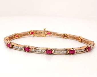 Natural Red Ruby Diamond Bracelet 14K Gold Estate Ruby Tennis Bracelet Ruby Diamond Tennis Bracelet Link Bracelet Ruby Anniversary Jewelry