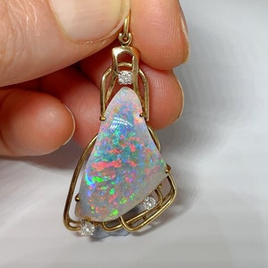 Australian Opal Pendant Fire Fiery Opal Pendant Australian Opal Jewelry Natural Opal Pendant Pinfire White Opal Pendant Diamond 14K Gold