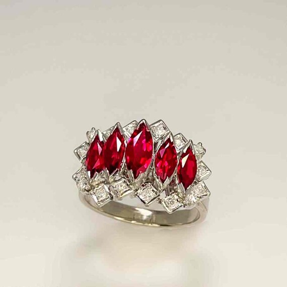 Unheated Deep Red Ruby Cluster Ring 18K White Gol… - image 6