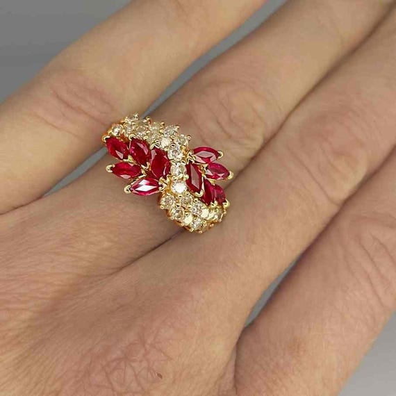 Vintage Ruby Cluster Ring 14K Gold Bright Red Rub… - image 6