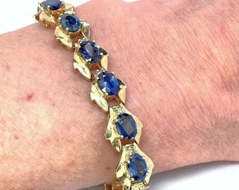 Unheated Blue Ceylon Sapphire Bracelet Natural Estate Sapphire Diamond Tennis Bracelet 14K Gold Vintage Sapphire Champagne Diamond Bracelet