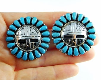 Kachina Earrings Large Turquoise Earrings Native American Earrings American Indian Earrings Turquoise Cabochon Earrings Old Pawn Jewelry 925