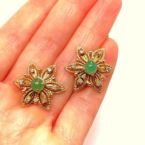 Mid Century Emerald Cabochon Earrings Emerald Dia… - image 4