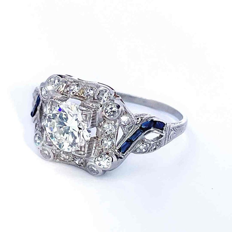 OOAK Art Deco-period 1920-tals diamant-safir-platinaring Unik antik diamantring med övergångsslipning Unik jubileumsring bild 9