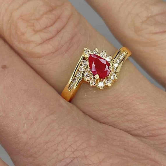 Tear Drop Ruby Ring Unheated Ruby Diamond Ring 14… - image 2