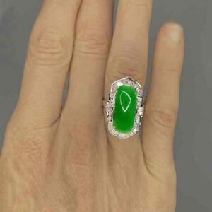 Untreated Jade Engagement 18K Gold Ring Emerald Green Jadeite Jade Diamond Halo Ring Large Jade Statement Ring Unique Jade Diamond Ring image 2