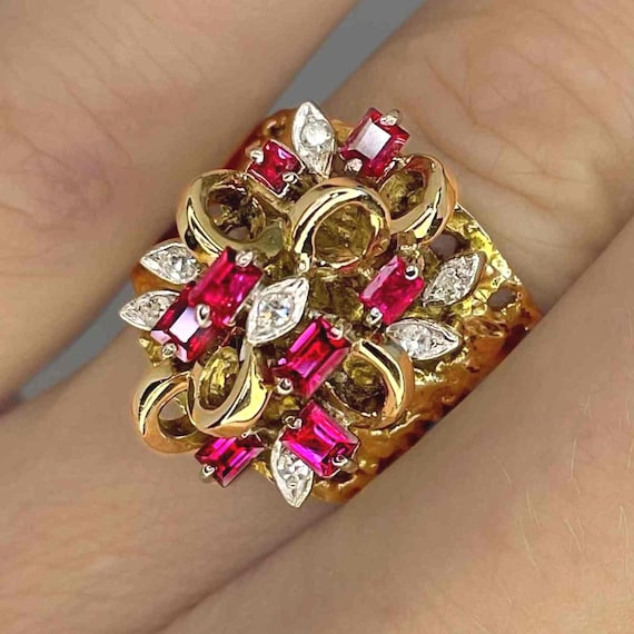 Unheated Ruby Cluster Ring Ruby Diamond Cocktail … - image 1