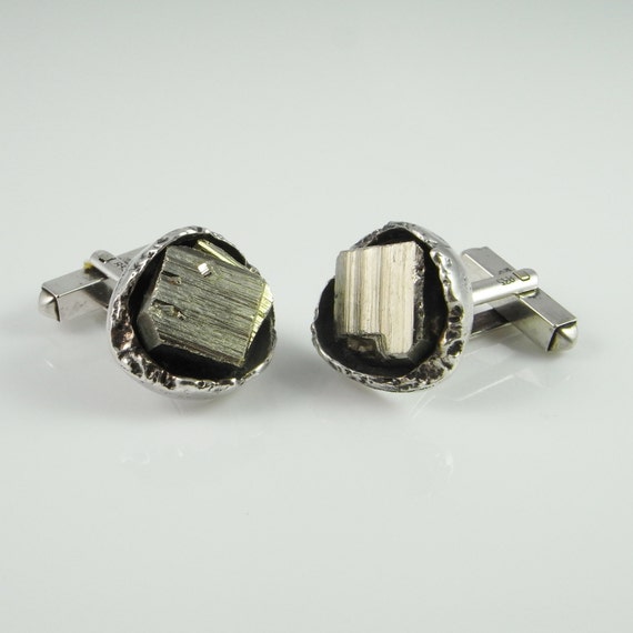 Raw Pyrite Crystal Silver Mens Vintage Cuff Links… - image 2