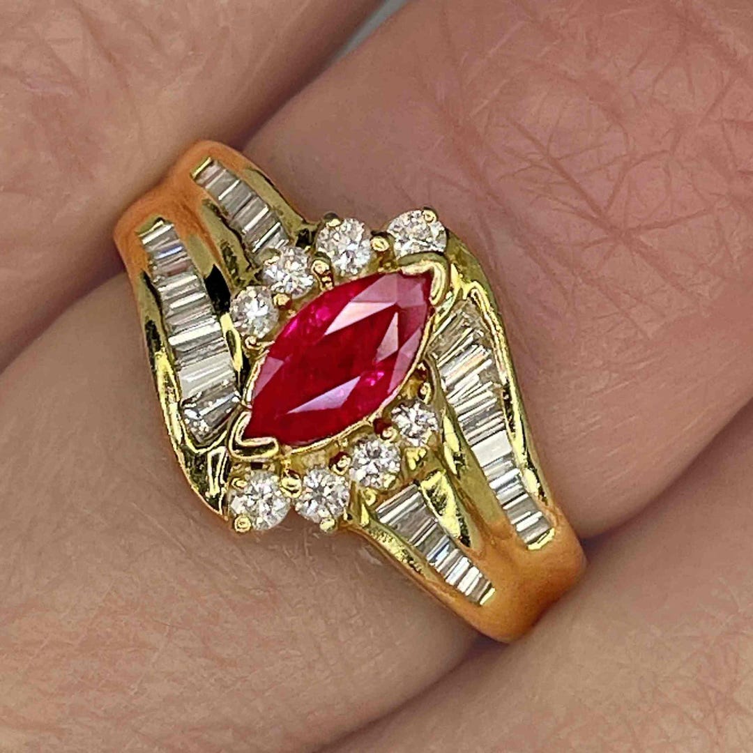 Marquise Ruby Diamond Ring 14K Gold 1970s Vintage Ruby Diamond ...