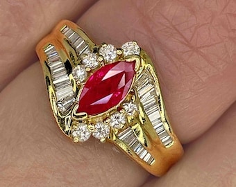 Marquise Ruby Diamond Ring 14K Gold 1970s Vintage Ruby Diamond Engagement Ring