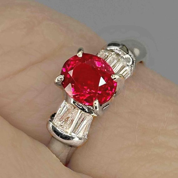 Unheated Ruby Ring Red Ruby Diamond Ring 18K Whit… - image 1