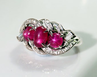 Art Deco Ruby Engagement Ring Antique Engagement Star Ruby Ring Cat's Eye Ruby Star Sapphire Jewelry Untreated Ruby Art Deco Wedding 18K