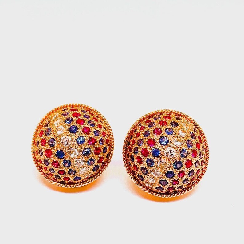 Button Earrings Natural Ruby Earrings Blue Sapphire Earrings Diamond Earrings 14K Gold Earrings 1950s Earrings 1950s Jewelry 1960s Earrings image 2