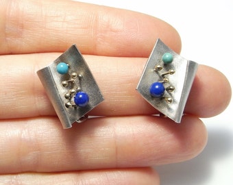 Brutalist Earrings Brutalist Jewelry Modernist Earrings Clip On Earrings ear Clips Sterling Silver Earrings Space Earrings Turquoise Lapis