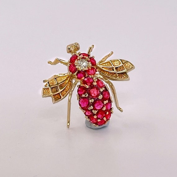 Ruby Bee Brooch Pendant 14K Gold Ruby Diamond Bee… - image 4