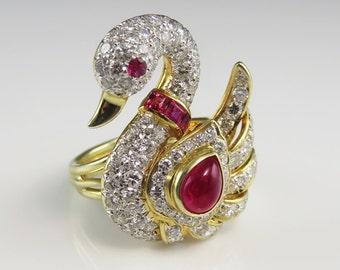 Swan Ring Swan Jewelry Ruby Diamond Ring Ruby Cocktail Ring Ruby Ring Unique Engagement Ring 18K Gold Ring