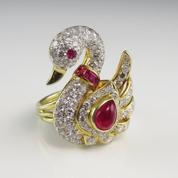 Swan Ring Swan Jewelry Ruby Diamond Ring Ruby Coc… - image 1