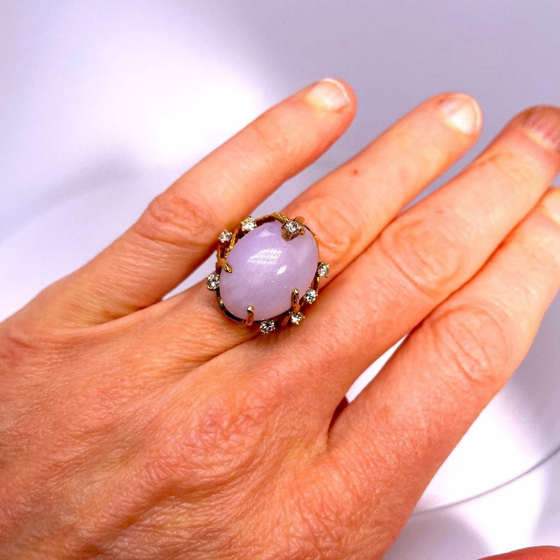 Lavender Jade Ring Jade Cabochon Ring Natural Untreated Jade Ring Jade Diamond Ring 14K Gold Ring Violet Jadeite Ring Jewelry Modernist Ring image 2