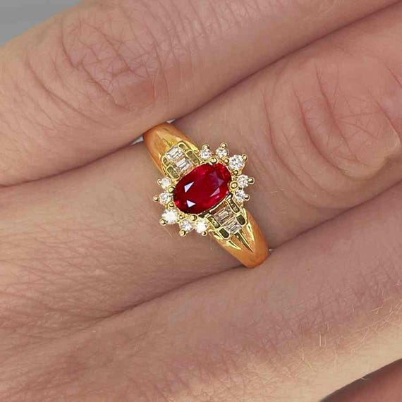Unheated Dark Red Ruby Ring 18K Ruby Gold Diamond… - image 2