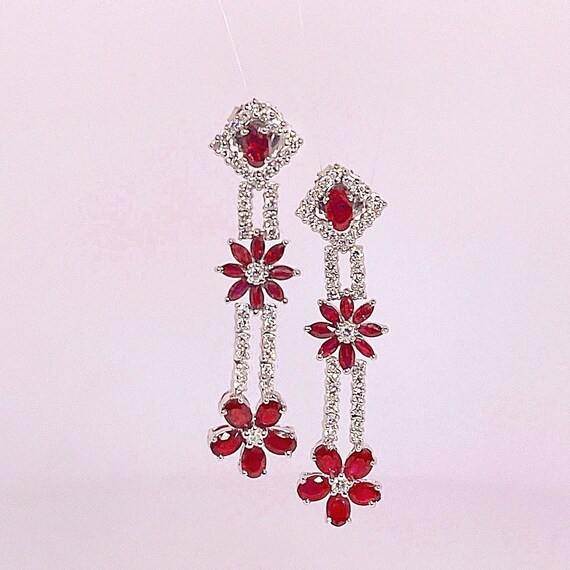 Unheated Ruby Earrings Vivid Red Ruby Diamond Dro… - image 2