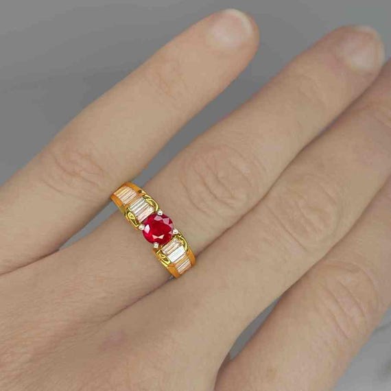 Red Ruby Diamond Engagement Ring 18K Platinum Han… - image 3