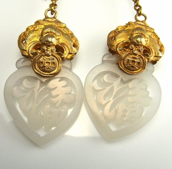 Antique Chinese White Jade Bat Earrings Mutton Fa… - image 4