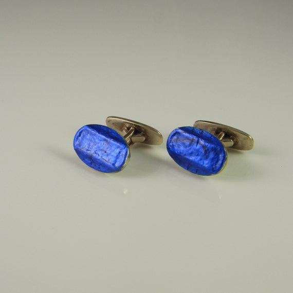 Antique Blue Oval Enamel Art Deco Cufflinks Silve… - image 3