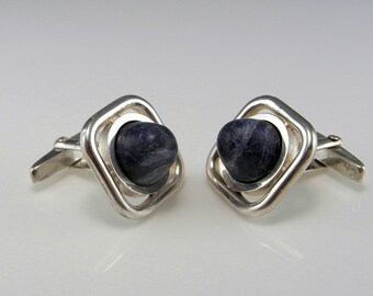 Boutons De Manchette Vintage Dante - Ton Argenté Avec Pierre Centrale Sodalite Bleue - Occasion