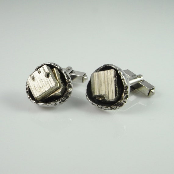Raw Pyrite Crystal Silver Mens Vintage Cuff Links… - image 1