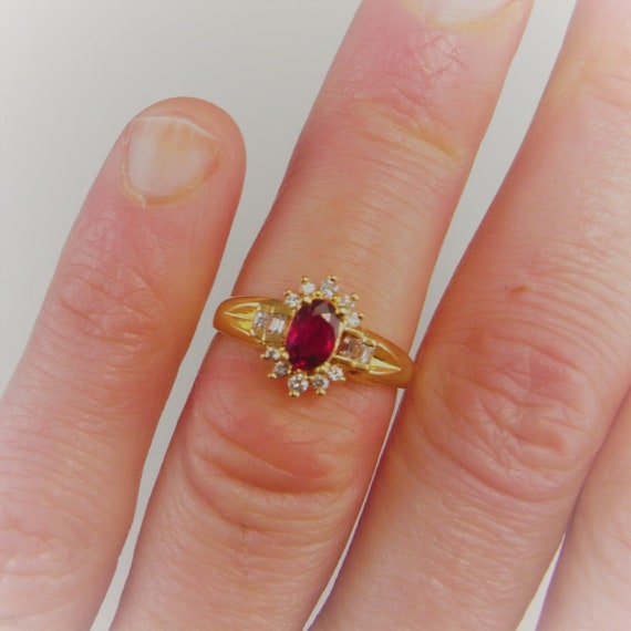 Blood Red Ruby Ring 18K Gold Vintage Ruby Diamond