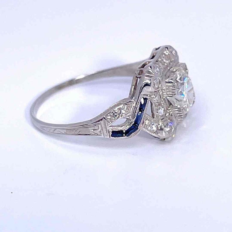 OOAK Art Deco-period 1920-tals diamant-safir-platinaring Unik antik diamantring med övergångsslipning Unik jubileumsring bild 8