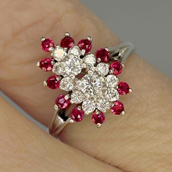 Tear Drop Ruby Diamond Cluster Ring 14K Gold 1950… - image 2