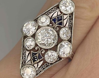 Anillo Art Déco único y raro, con diamantes, de la década de 1920. Anillo geométrico de compromiso/aniversario con diamantes. Anillo antiguo con diamantes.