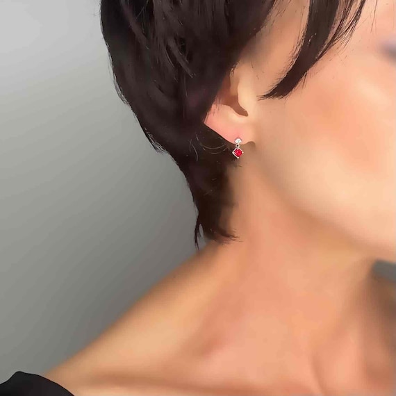 Unheated Ruby Diamond Drop Earrings Platinum Prin… - image 2