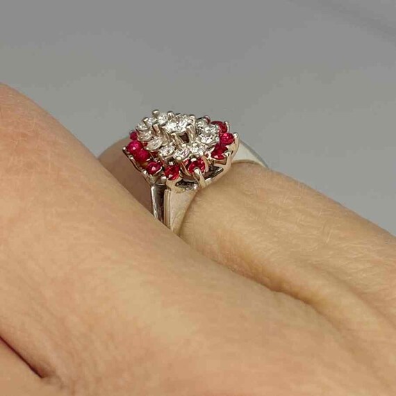 Tear Drop Ruby Diamond Cluster Ring 14K Gold 1950… - image 4