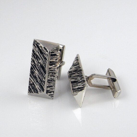 Vintage Silver Cufflinks Geometric Cuff Links wit… - image 3